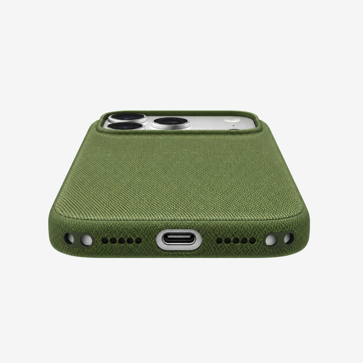 Merkloos geweven hoesje voor iPhone 17 Pro Groen zonder logo – onderaanzicht