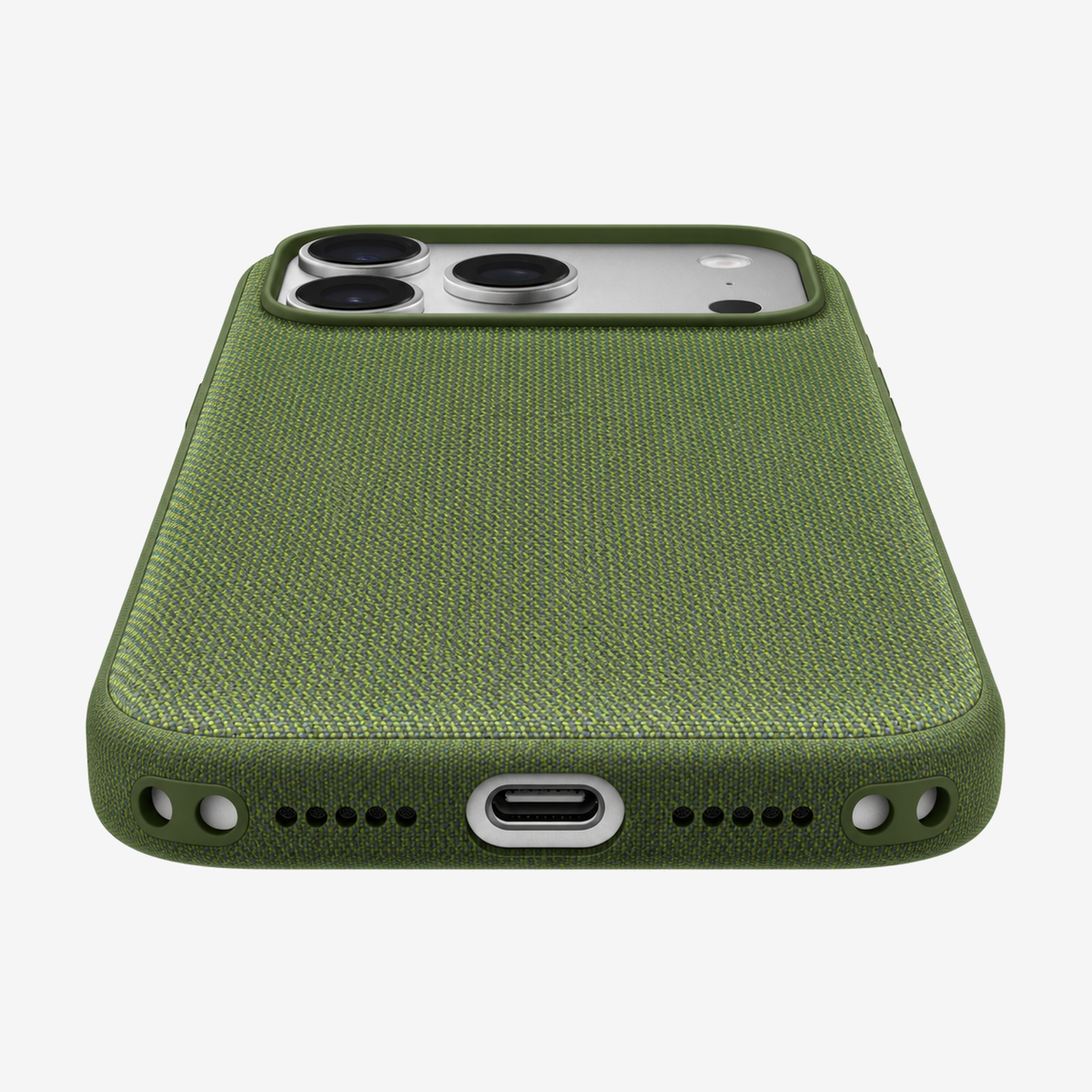 Merkloos geweven hoesje voor iPhone 17 Pro Max Groen zonder logo – onderaanzicht