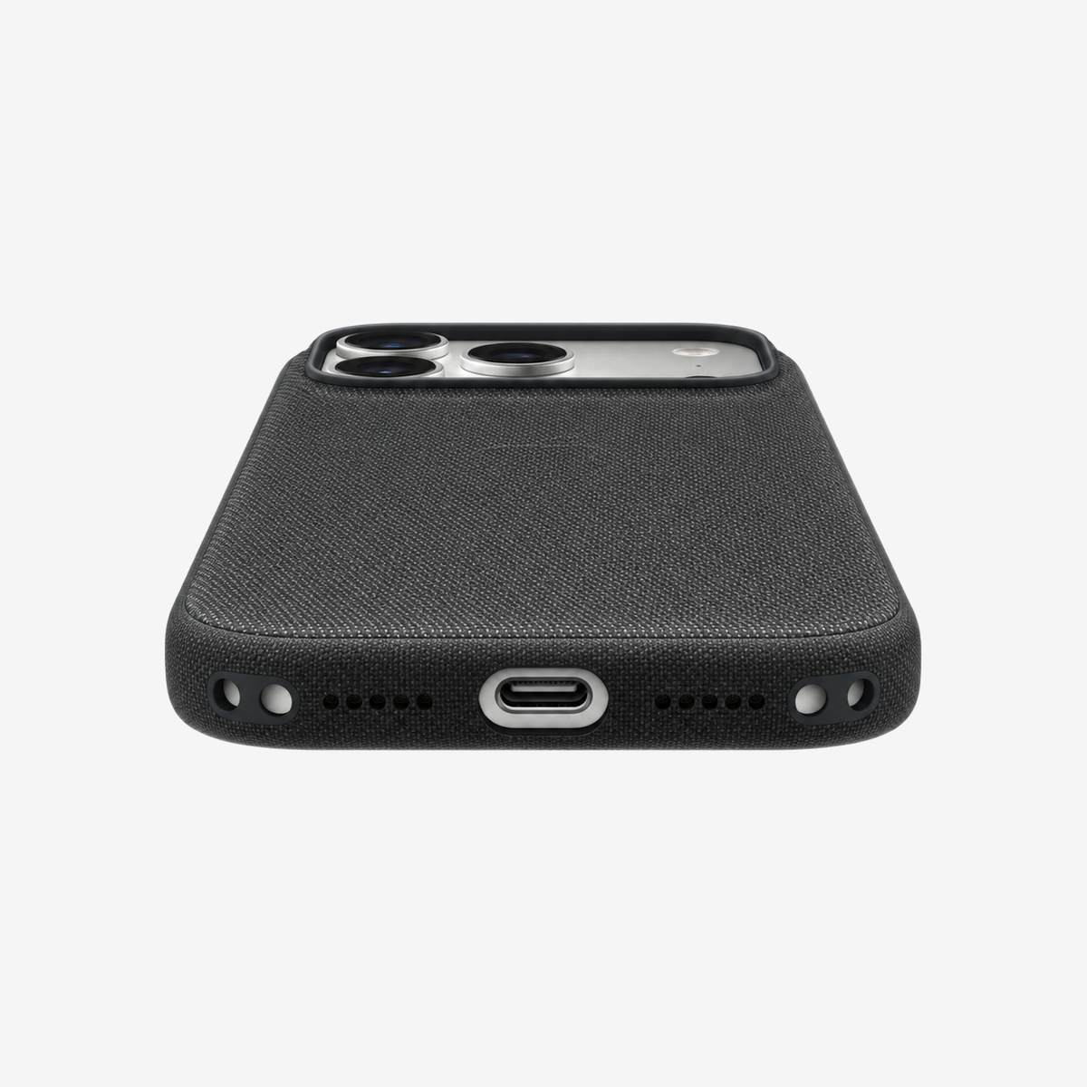 Merkloos geweven hoesje voor iPhone 17 Pro Zwart zonder logo – onderaanzicht