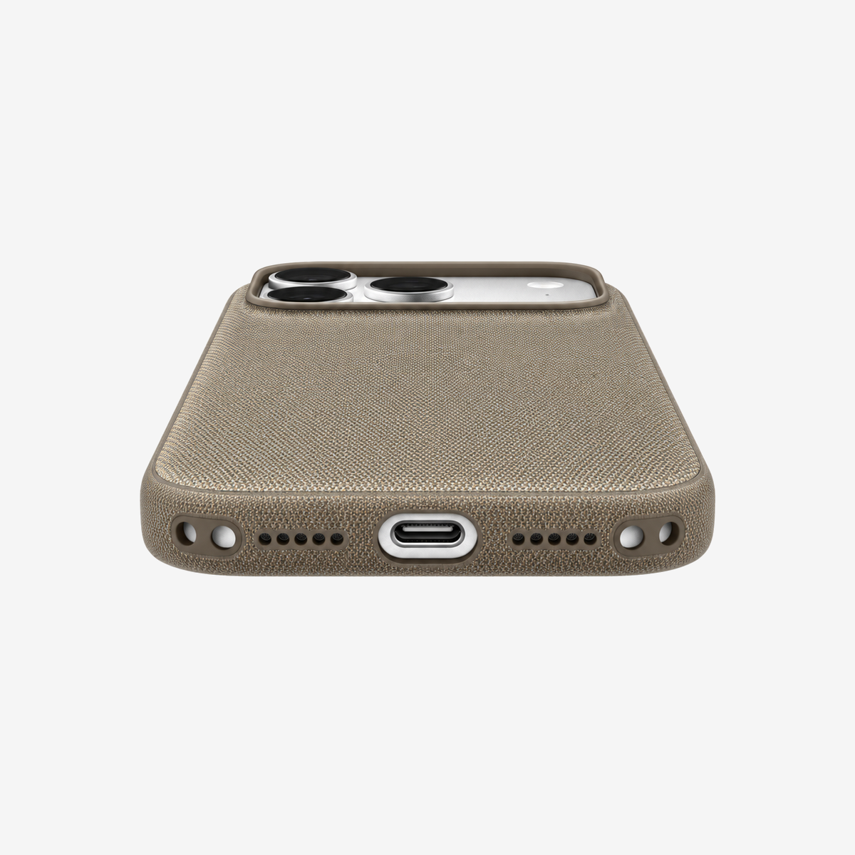 Merkloos geweven hoesje voor iPhone 18 Pro in Taupe, onderaanzicht, zonder logo, achtergrond #F5F5F5