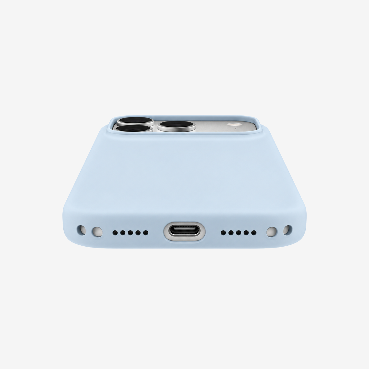 Siliconenhoesje voor iPhone 18 Pro in Crisp Blue, onderaanzicht, zonder logo op lichtgrijze achtergrond