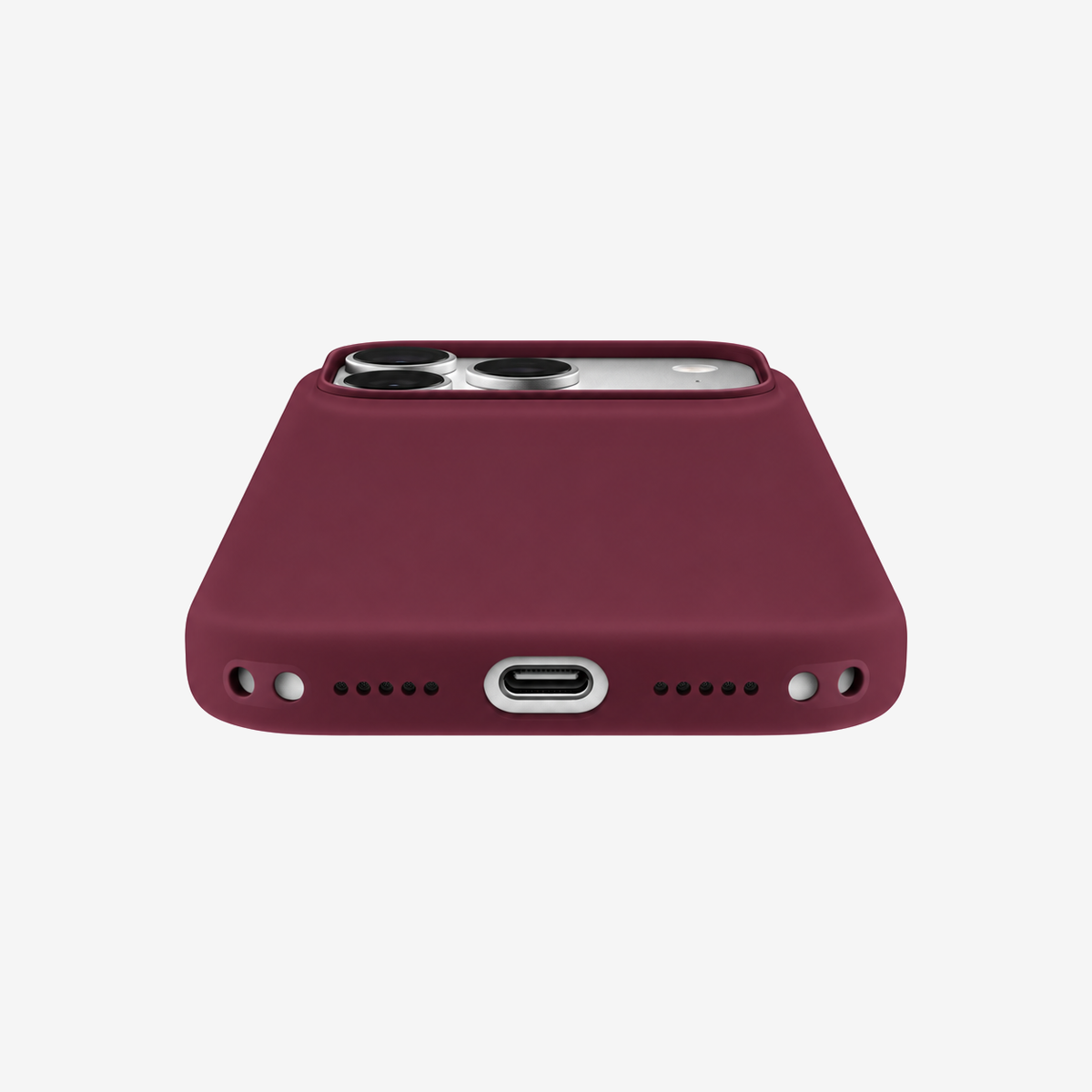 Siliconenhoesje voor iPhone 18 Pro Max in Burgundy, onderaanzicht, zonder logo op lichtgrijze achtergrond