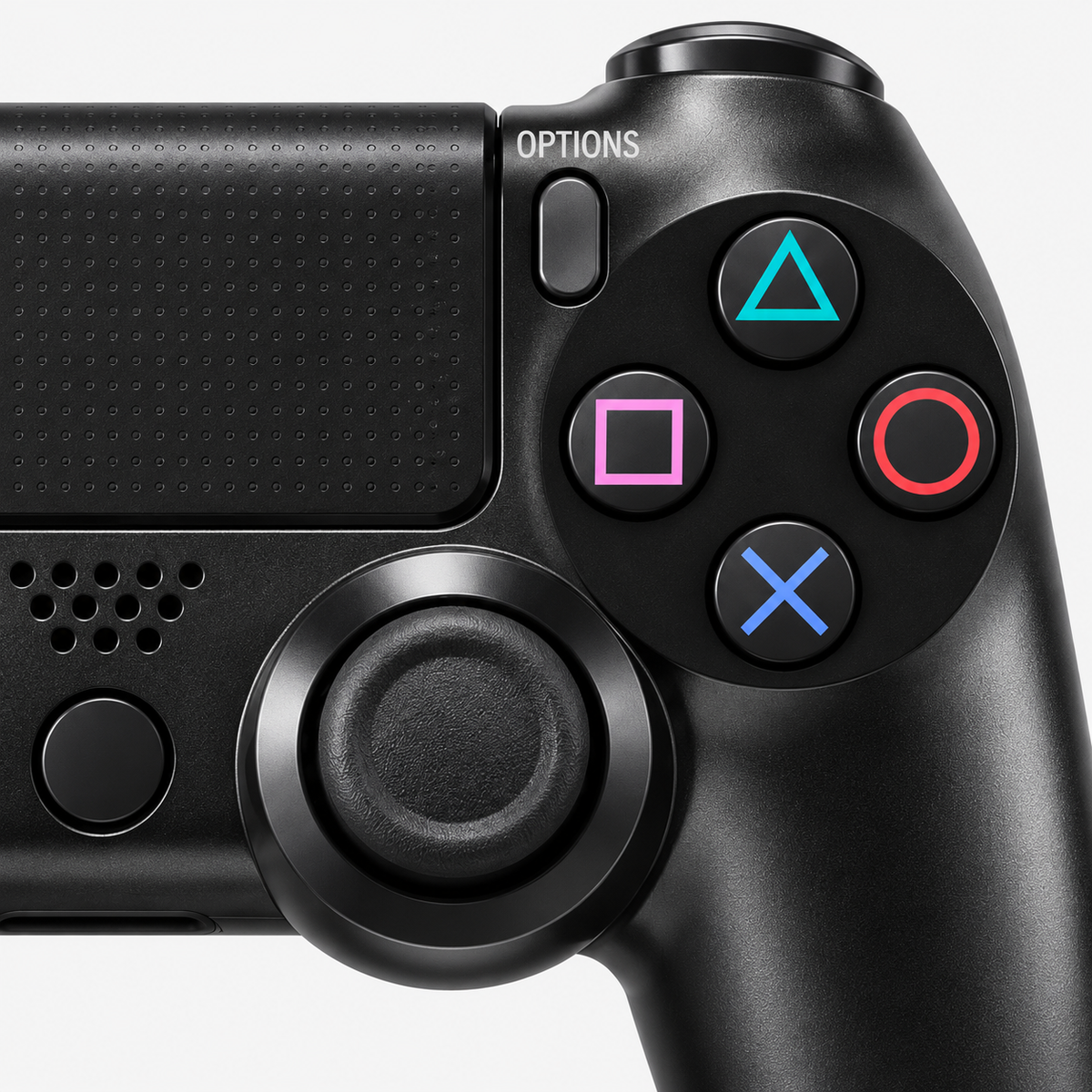 Merkloze PS4-controller Staalzwart (Steel Black) – detail actieknoppen (kleurillustratie)