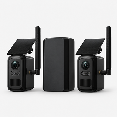 Twee zwarte solar beveiligingscamera's met wifi-repeater