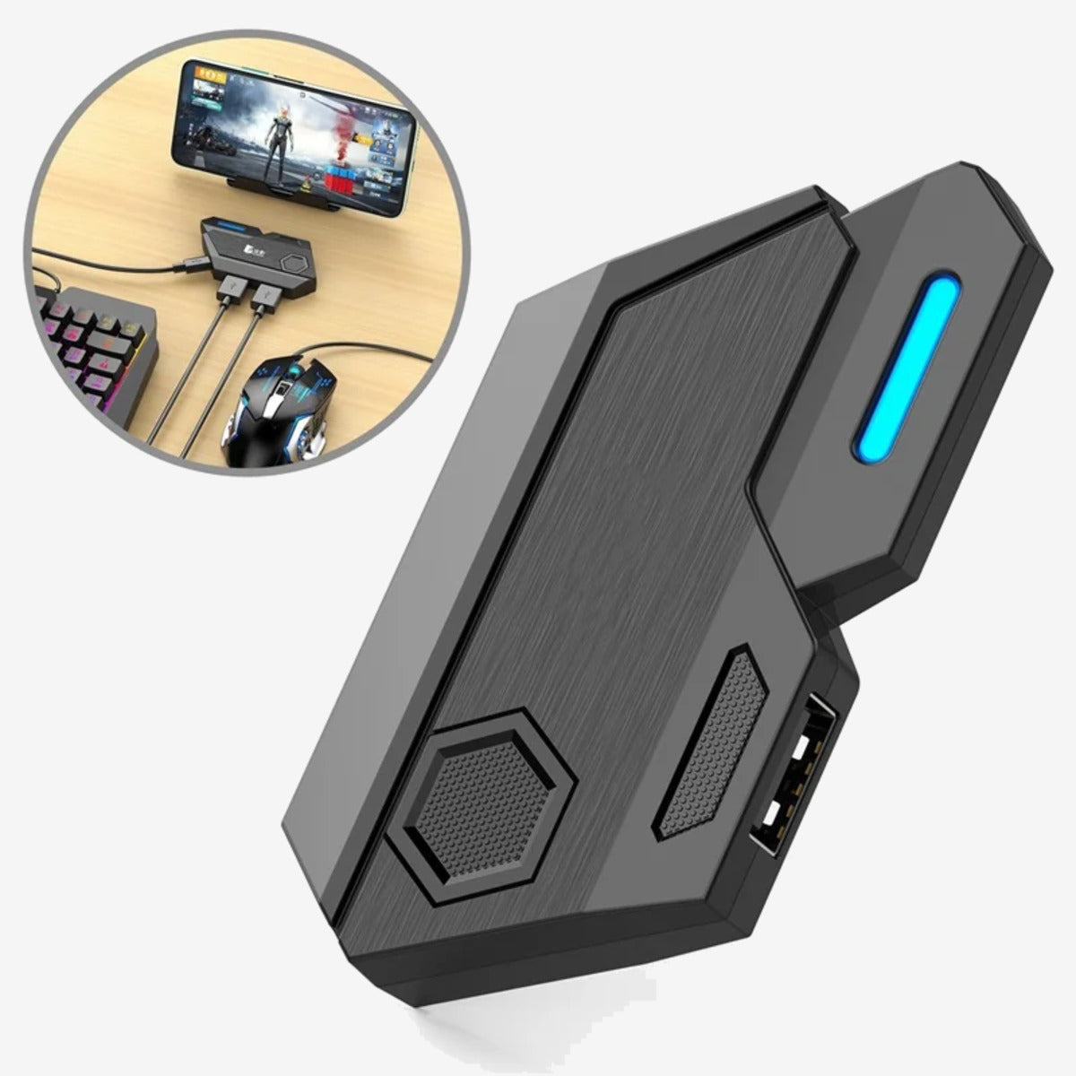 Gamwing MIX SE converter met telefoonhouder in gebruik