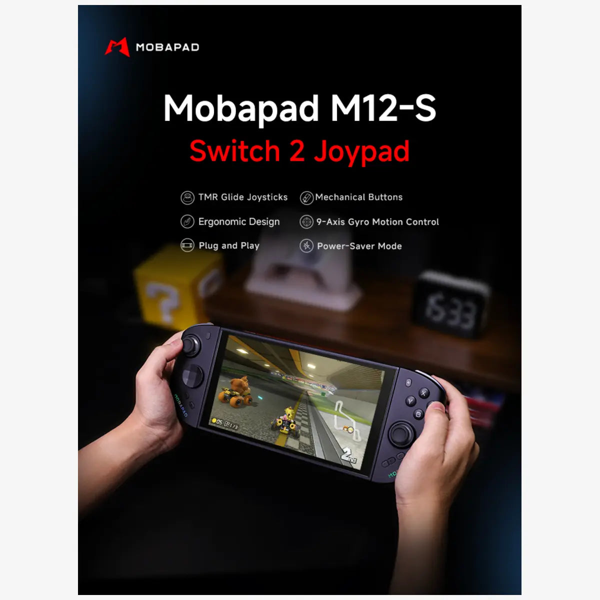 Mobapad M12-S zwart/blauw aan Switch 2 in gebruik