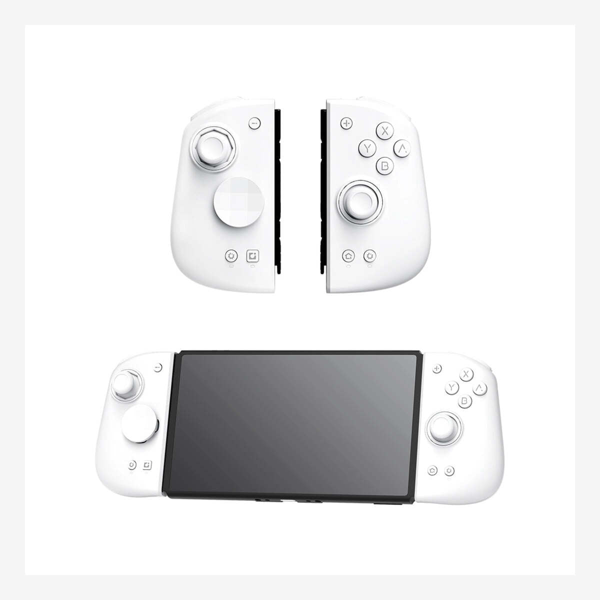 Mobapad M6 HD witte Joy-Con-controller voorzijde en op Nintendo Switch