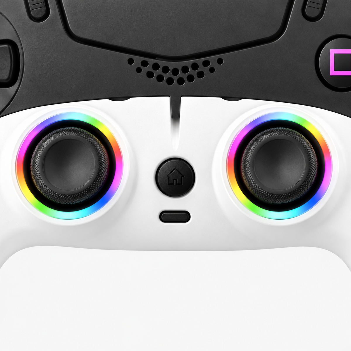 Tweekleurige gamecontroller wit zwart – detail sticks en verlichting