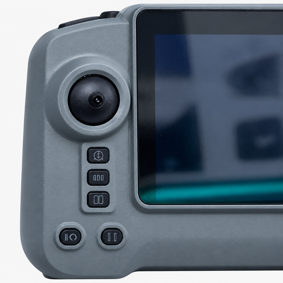 Sparrow controller, detail van de linker joystick, knoppen en scherm.