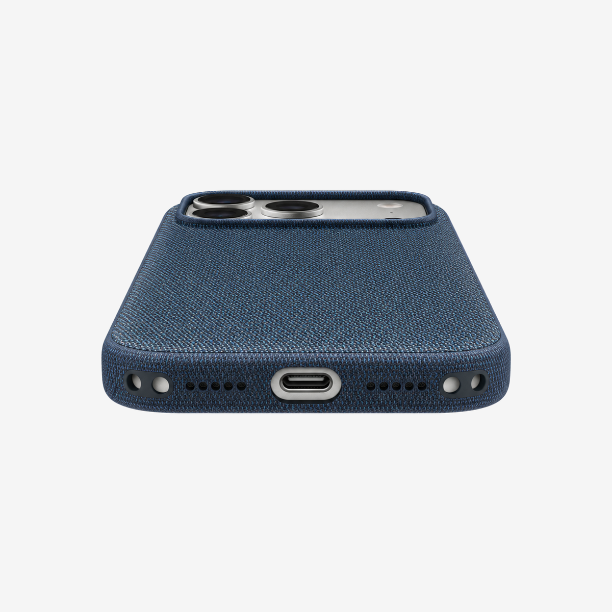 Merkloos geweven hoesje voor iPhone 17 Pro Blauw zonder logo – onderaanzicht