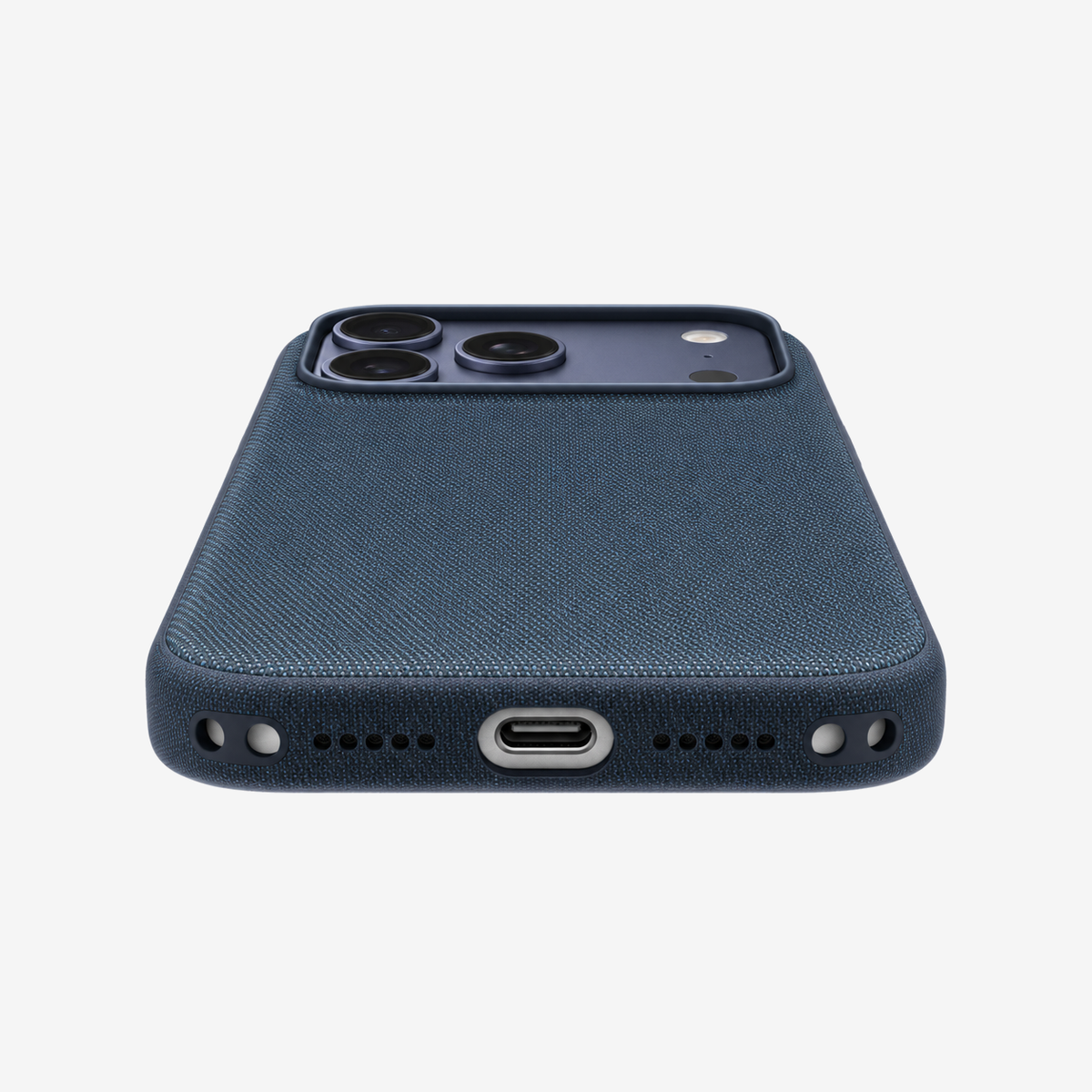 Merkloos geweven hoesje voor iPhone 17 Pro Max Blauw zonder logo – onderaanzicht