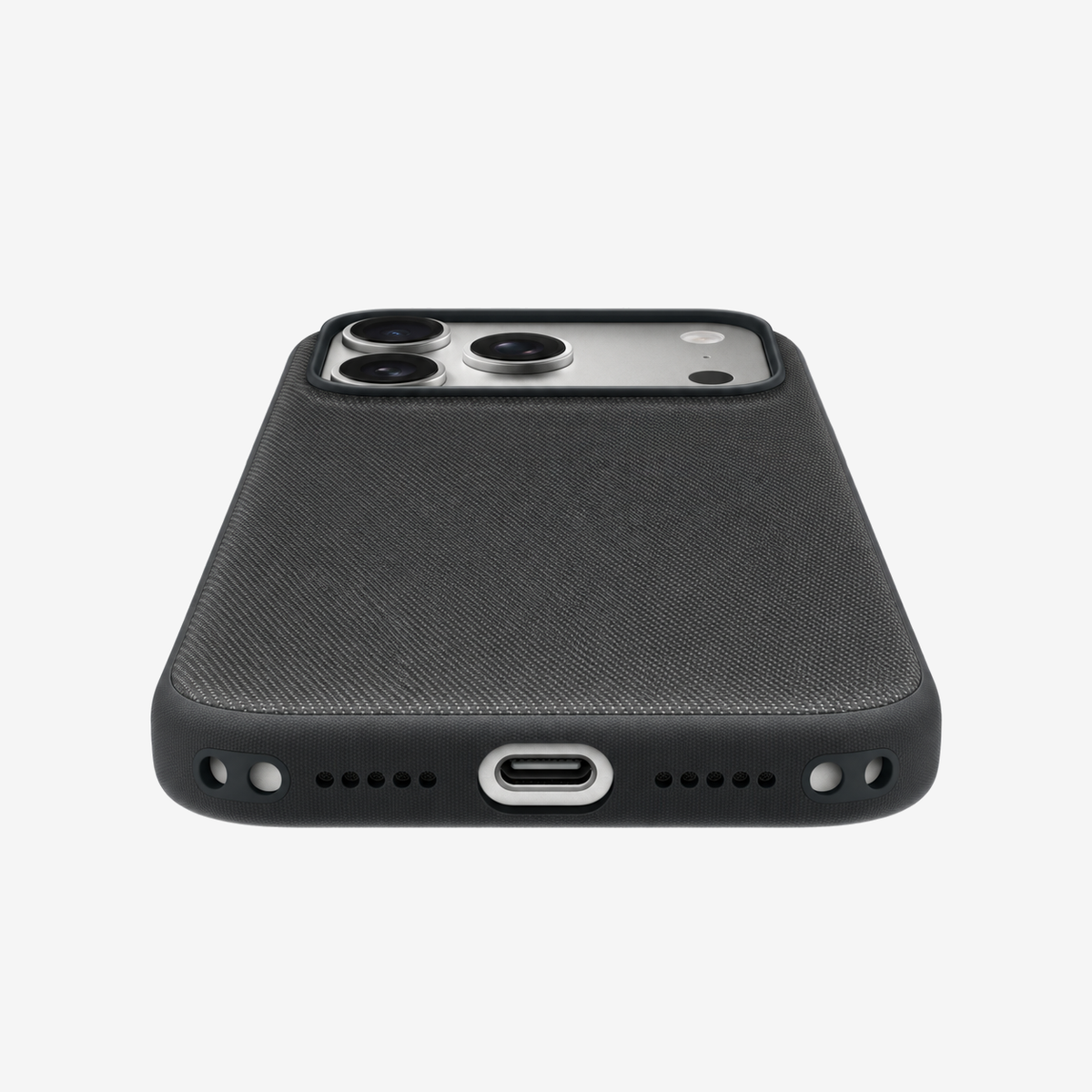 Merkloos geweven hoesje voor iPhone 17 Pro Max Zwart zonder logo – onderaanzicht