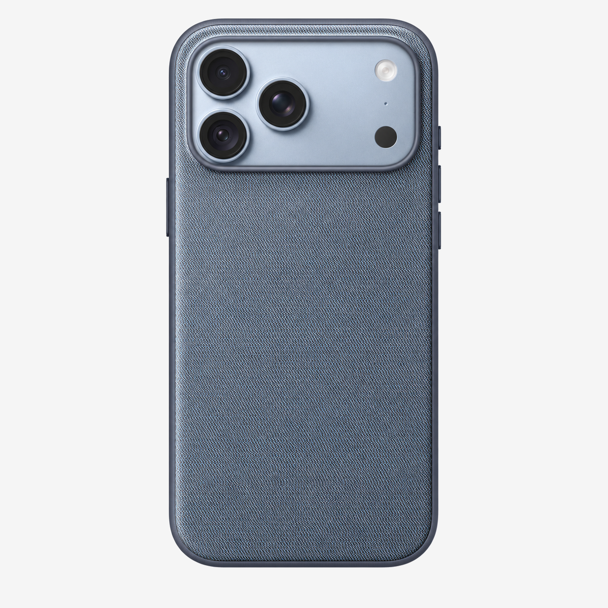 Merkloos geweven hoesje voor iPhone 18 Pro Max Chambray-blauw zonder logo – achteraanzicht