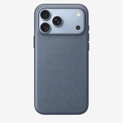 Merkloos geweven hoesje voor iPhone 18 Pro Max Chambray-blauw zonder logo – achteraanzicht