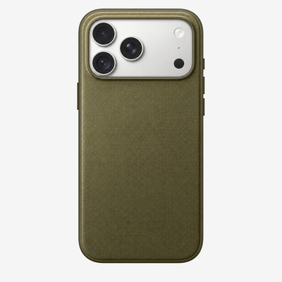 Merkloos geweven hoesje voor iPhone 18 Pro Max Olijfgroen zonder logo – achteraanzicht