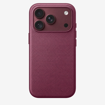 Merkloos geweven hoesje voor iPhone 18 Pro in Moerbei, achteraanzicht, zonder logo, achtergrond #F5F5F5