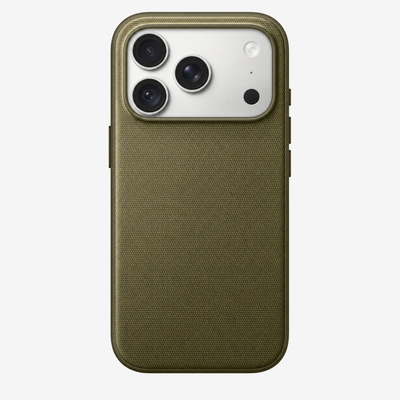 Merkloos geweven hoesje voor iPhone 18 Pro in Olijfgroen, achteraanzicht, zonder logo, achtergrond #F5F5F5