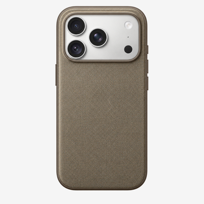 Merkloos geweven hoesje voor iPhone 18 Pro in Taupe, achteraanzicht, zonder logo, achtergrond #F5F5F5