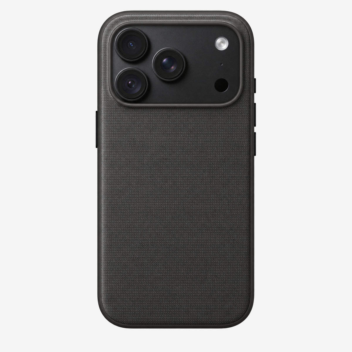 Merkloos geweven hoesje voor iPhone 18 Pro in Zwart, achteraanzicht, zonder logo, achtergrond #F5F5F5