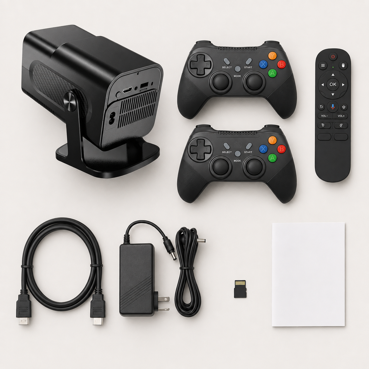 Inhoud HCS350 Pro+ projector set met controllers afstandsbediening kabels en TF kaart