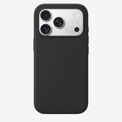 Siliconenhoesje voor iPhone 18 Pro in Black, achteraanzicht, zonder logo op lichtgrijze achtergrond