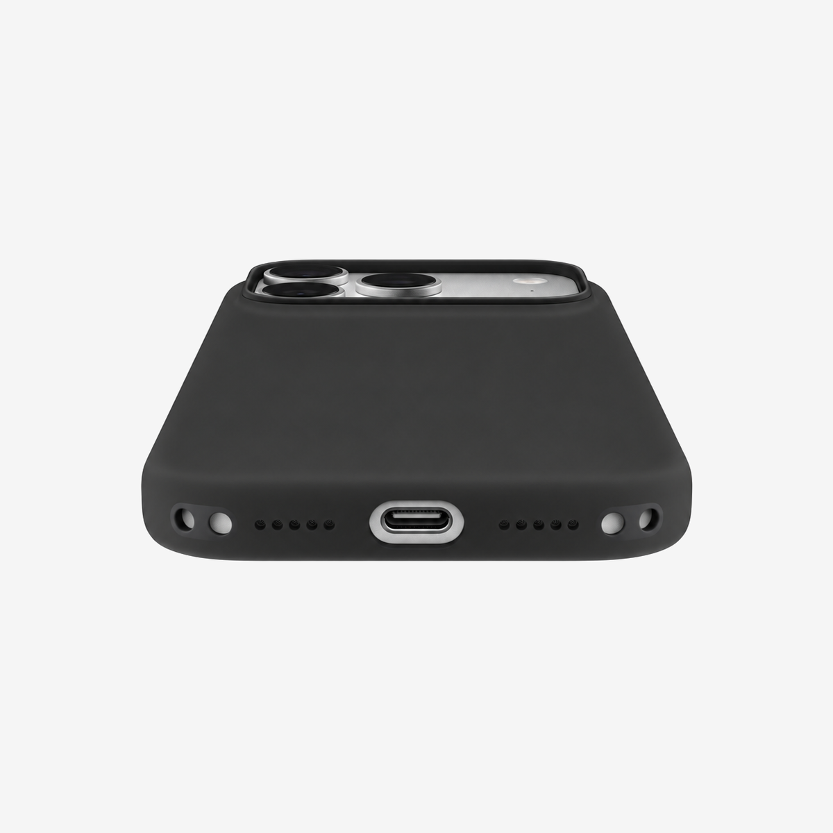 Siliconenhoesje voor iPhone 18 Pro in Black, onderaanzicht, zonder logo op lichtgrijze achtergrond