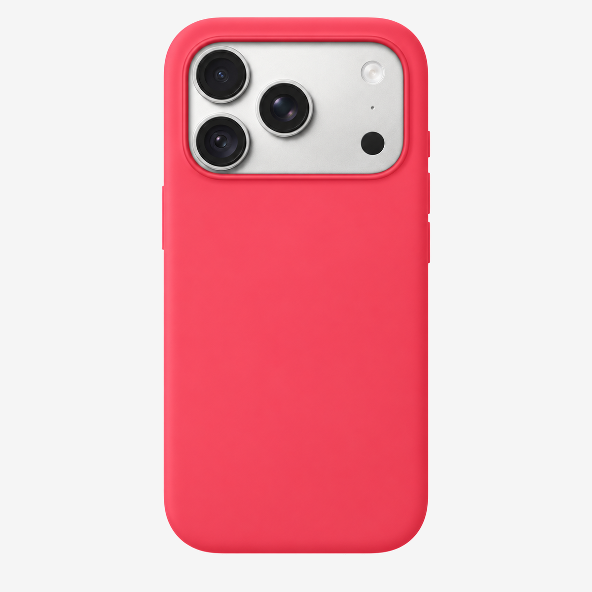 Siliconenhoesje voor iPhone 18 Pro in Bright Guava, achteraanzicht, zonder logo op lichtgrijze achtergrond