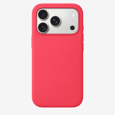 Siliconenhoesje voor iPhone 18 Pro in Bright Guava, achteraanzicht, zonder logo op lichtgrijze achtergrond