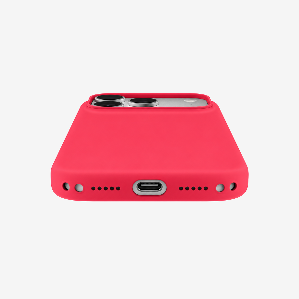 Siliconenhoesje voor iPhone 18 Pro in Bright Guava, onderaanzicht, zonder logo op lichtgrijze achtergrond