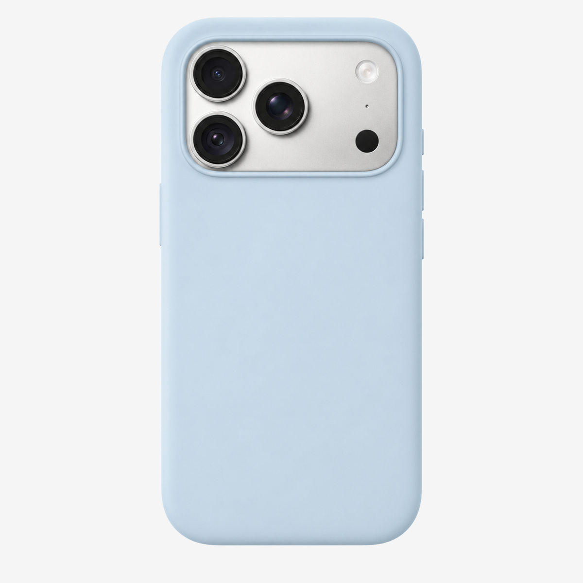 Siliconenhoesje voor iPhone 18 Pro in Crisp Blue, achteraanzicht, zonder logo op lichtgrijze achtergrond