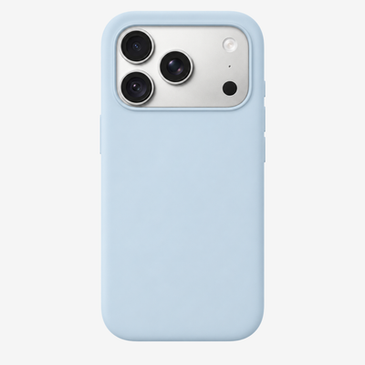 Siliconenhoesje voor iPhone 18 Pro in Crisp Blue, achteraanzicht, zonder logo op lichtgrijze achtergrond