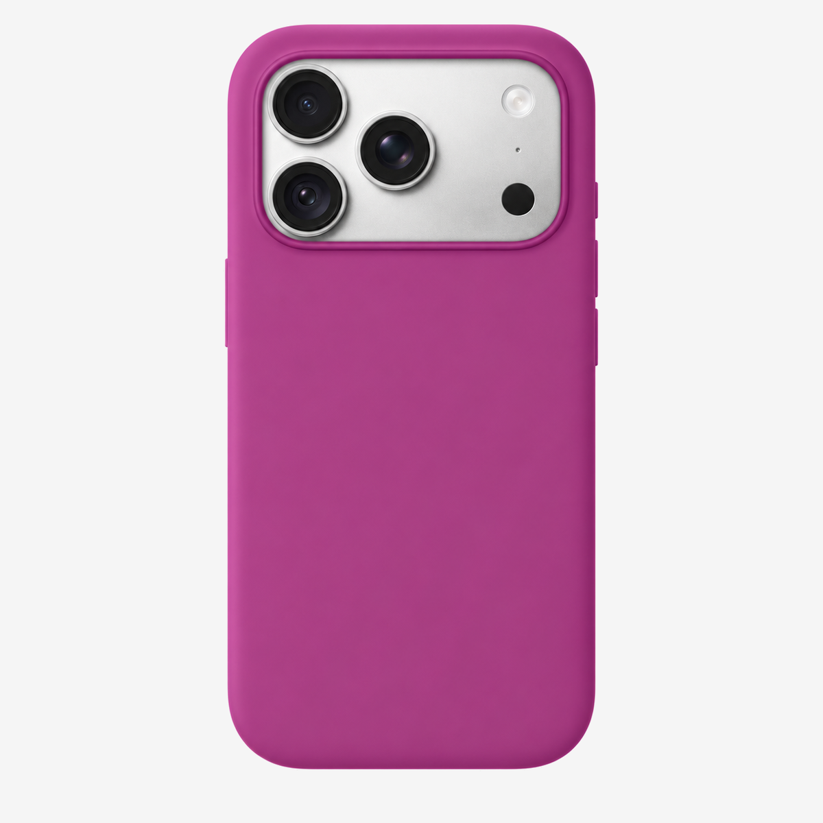 Siliconenhoesje voor iPhone 18 Pro in Magenta, achteraanzicht, zonder logo op lichtgrijze achtergrond