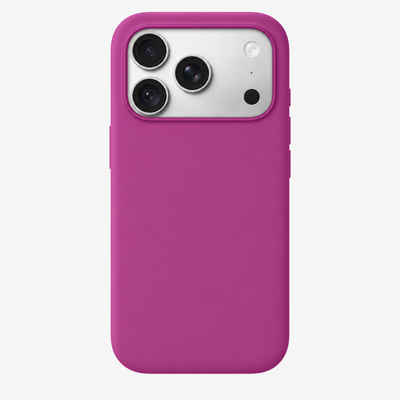 Siliconenhoesje voor iPhone 18 Pro in Magenta, achteraanzicht, zonder logo op lichtgrijze achtergrond