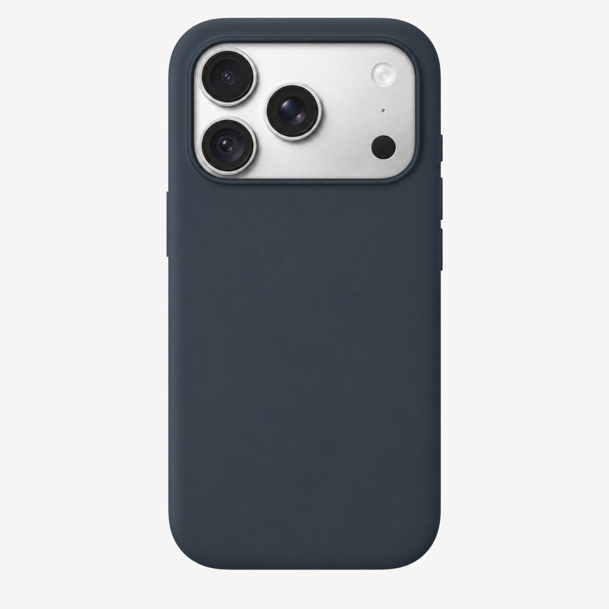 Siliconenhoesje voor iPhone 18 Pro in Navy Blue, achteraanzicht, zonder logo op lichtgrijze achtergrond