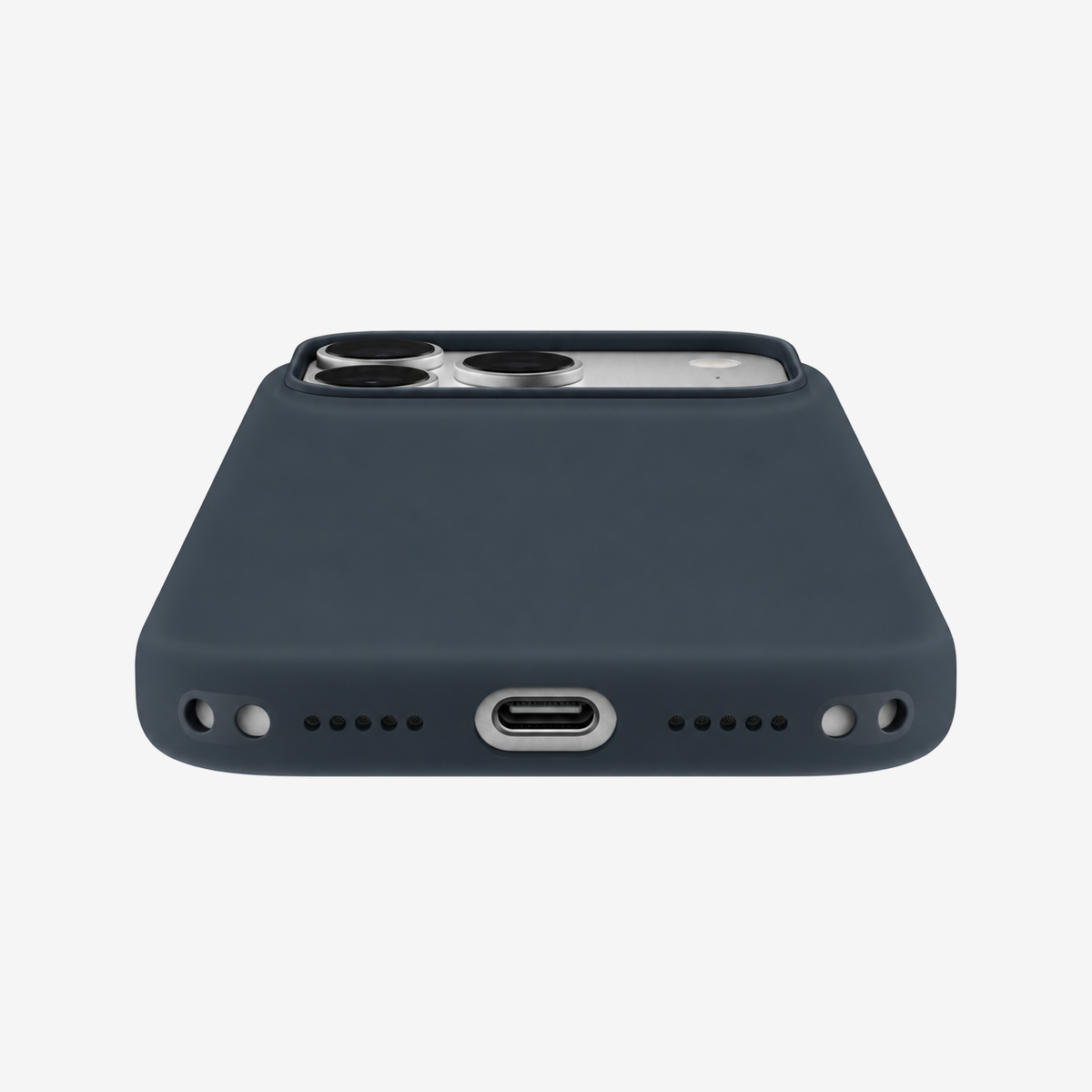 Siliconenhoesje voor iPhone 18 Pro in Navy Blue, onderaanzicht, zonder logo op lichtgrijze achtergrond
