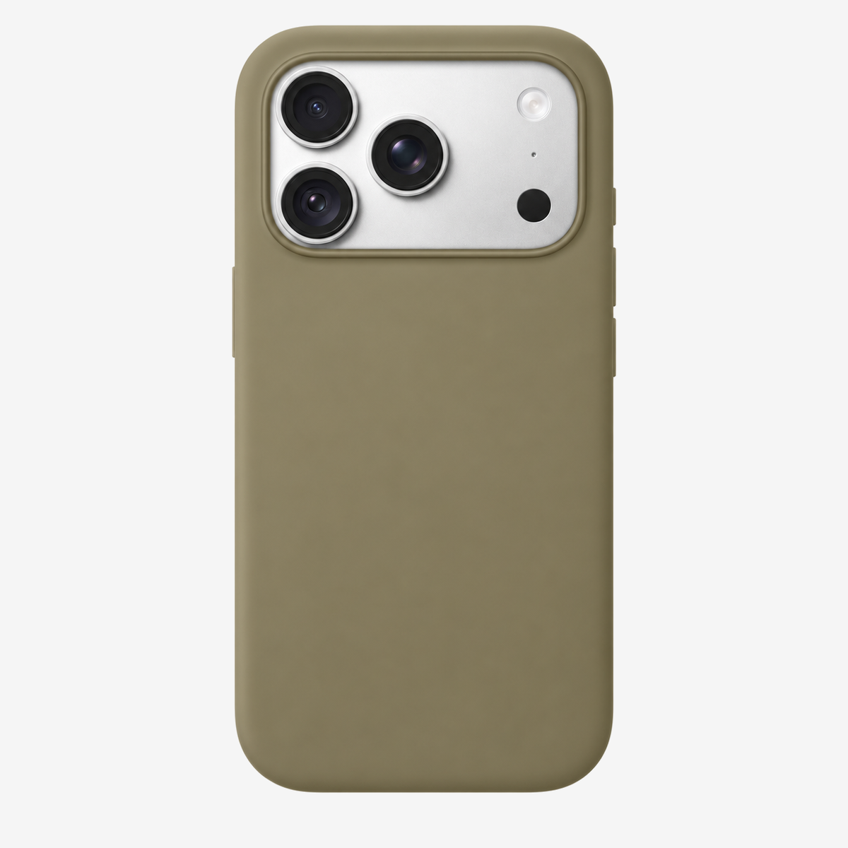 Siliconenhoesje voor iPhone 18 Pro in Olive, achteraanzicht, zonder logo op lichtgrijze achtergrond