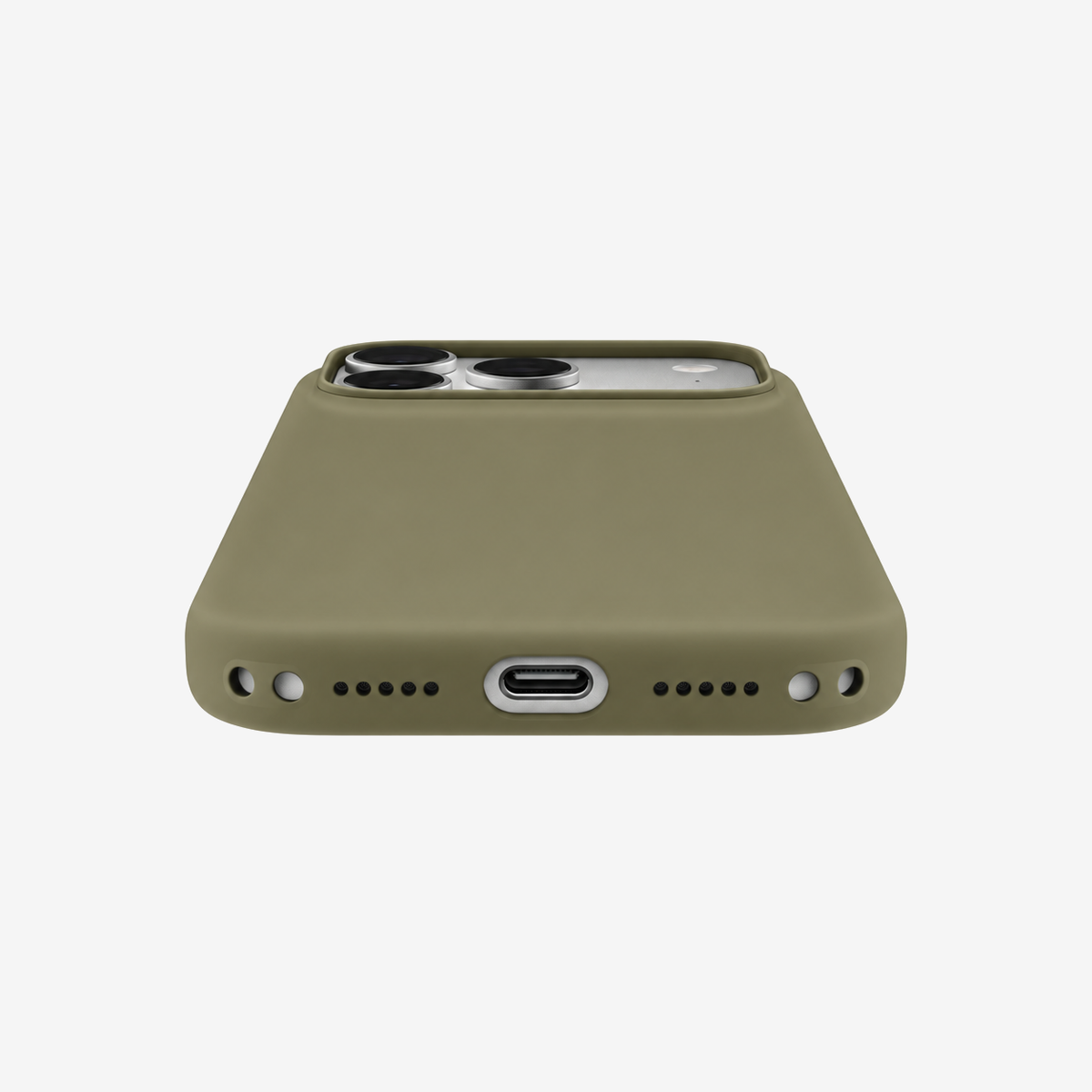 Siliconenhoesje voor iPhone 18 Pro in Olive, onderaanzicht, zonder logo op lichtgrijze achtergrond