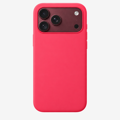 Siliconenhoesje voor iPhone 18 Pro Max in Bright Guava, achteraanzicht, zonder logo op lichtgrijze achtergrond