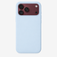 Siliconenhoesje voor iPhone 18 Pro Max in Crisp Blue, achteraanzicht, zonder logo op lichtgrijze achtergrond