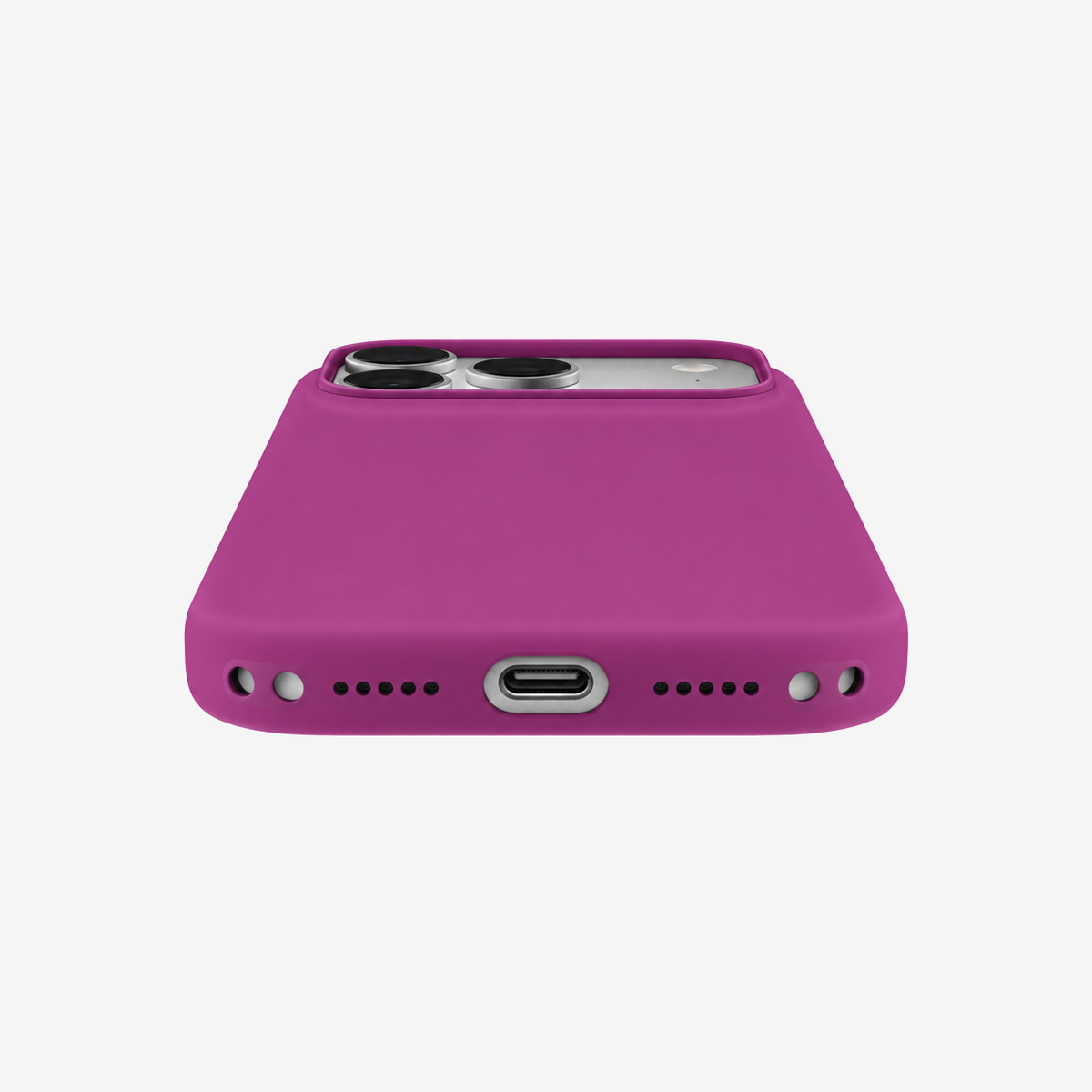 Siliconenhoesje voor iPhone 18 Pro Max in Magenta, onderaanzicht, zonder logo op lichtgrijze achtergrond