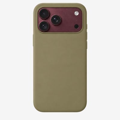 Siliconenhoesje voor iPhone 18 Pro Max in Olive, achteraanzicht, zonder logo op lichtgrijze achtergrond