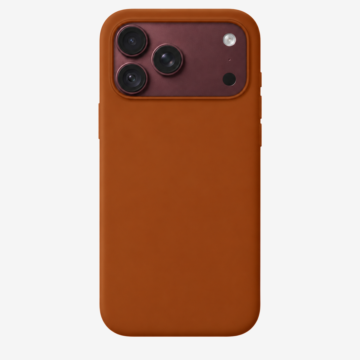 Siliconenhoesje voor iPhone 18 Pro Max in Terracotta, achteraanzicht, zonder logo op lichtgrijze achtergrond
