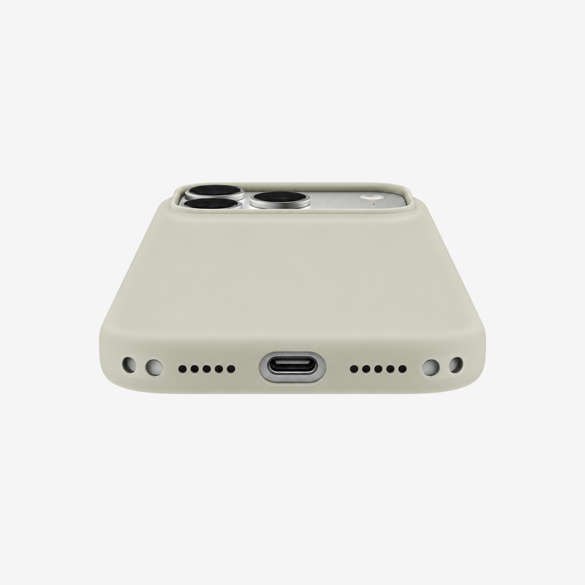Siliconenhoesje voor iPhone 18 Pro in Vanilla, onderaanzicht, zonder logo op lichtgrijze achtergrond