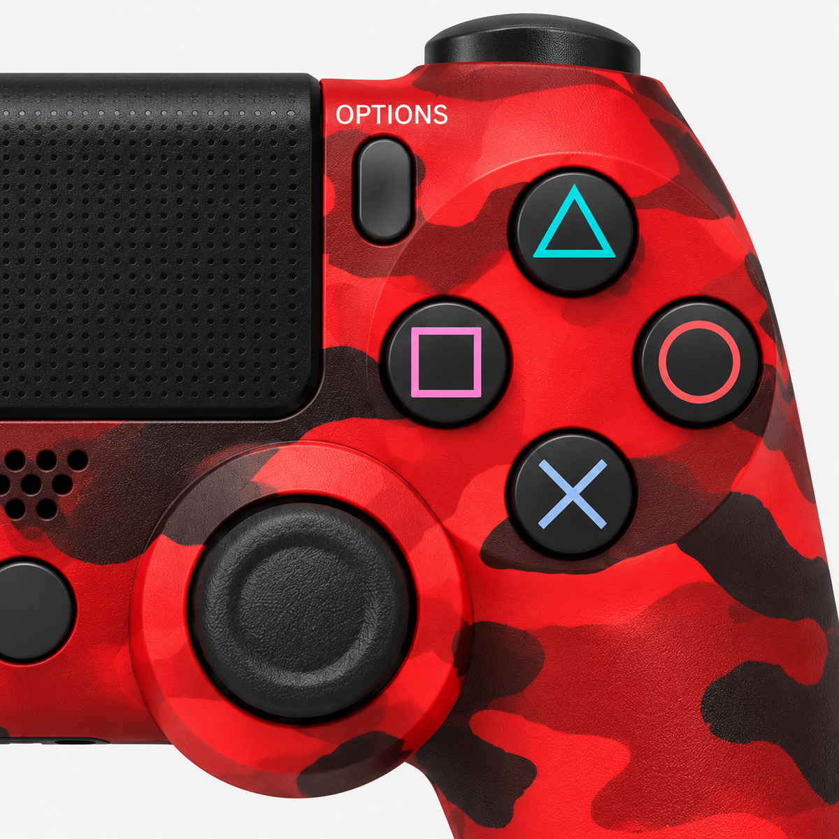 Merkloze PS4-controller Rood camouflage (Red Camouflage) – detail actieknoppen (kleurillustratie)