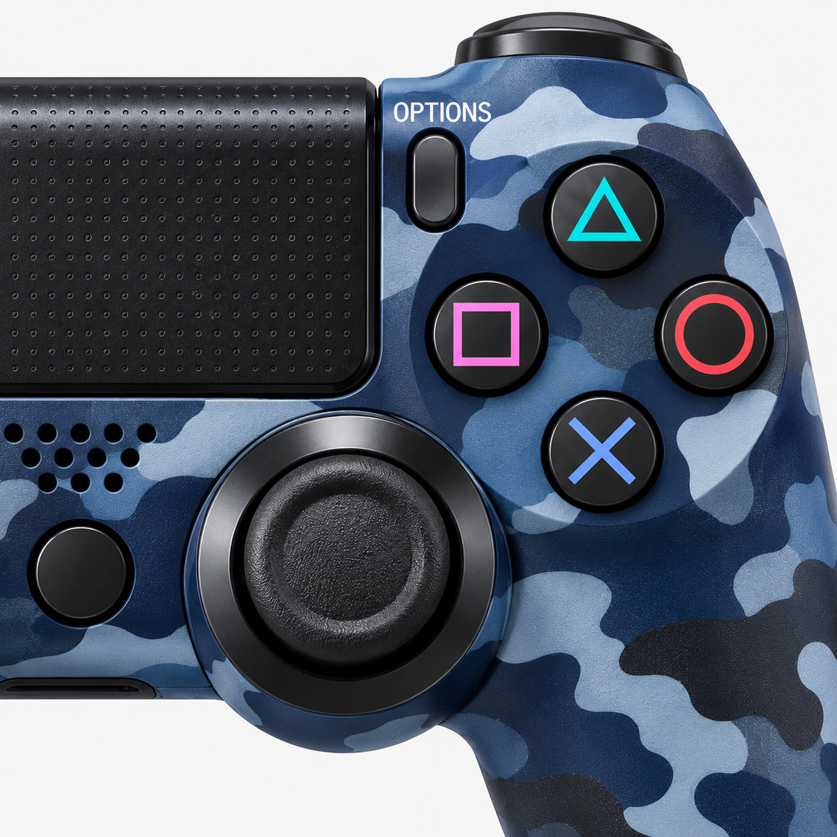 Merkloze PS4-controller Blauw camouflage (Blue Camouflage) – detail actieknoppen (kleurillustratie)