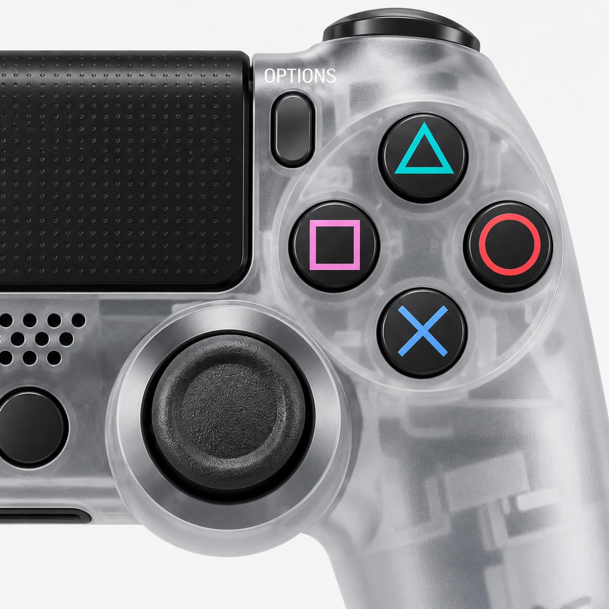 Merkloze PS4-controller Transparant (Crystal) – detail actieknoppen (kleurillustratie)