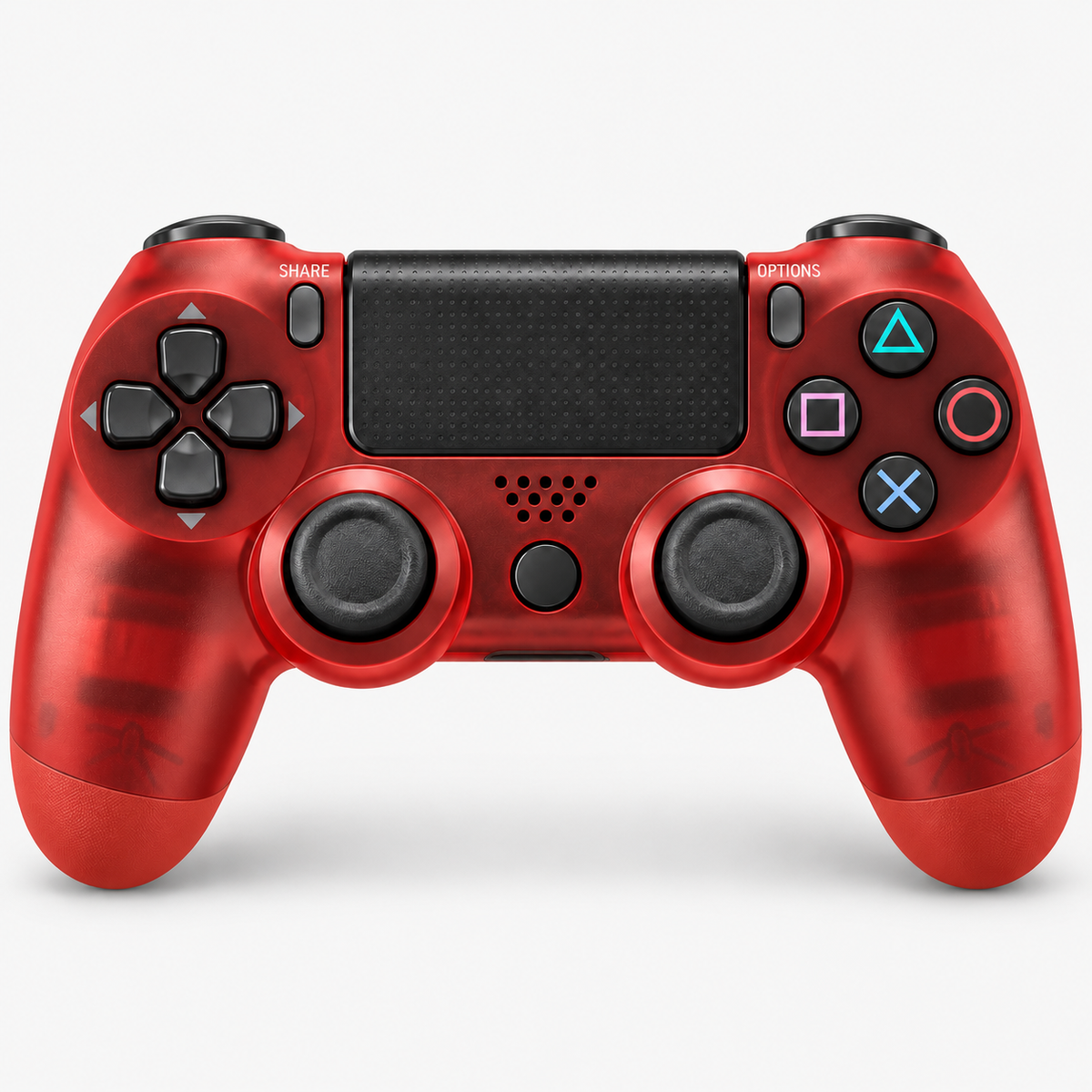 Merkloze PS4-controller Transparant rood (Crystal Red) – vooraanzicht (kleurillustratie)