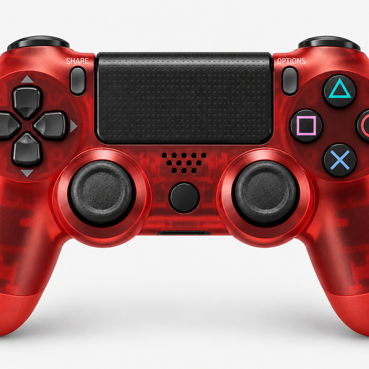 Merkloze PS4-controller Transparant rood (Crystal Red) – detail analoge sticks (kleurillustratie)
