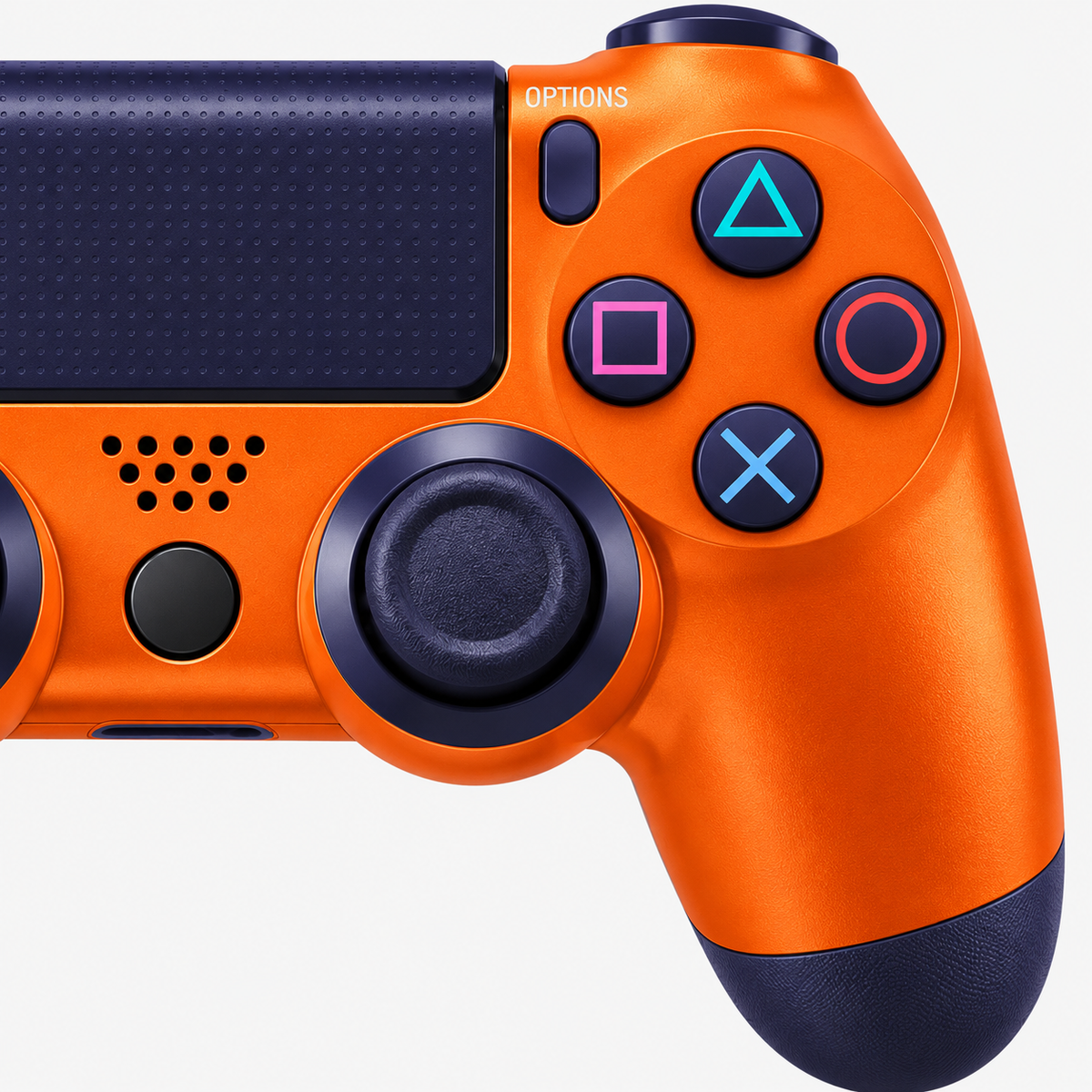 Merkloze PS4-controller Oranje (Sunset Orange) – detail actieknoppen (kleurillustratie)