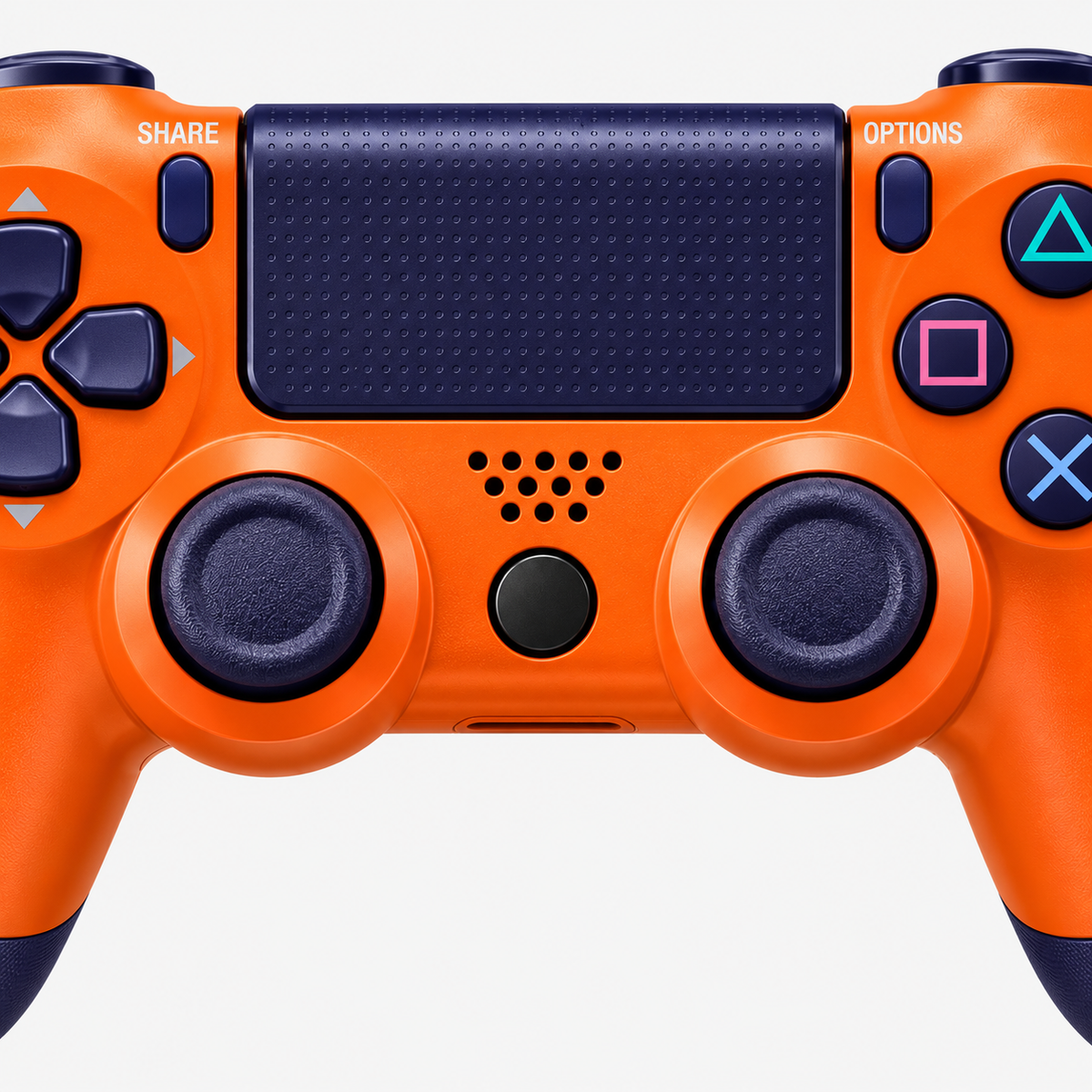Merkloze PS4-controller Oranje (Sunset Orange) – detail analoge sticks (kleurillustratie)
